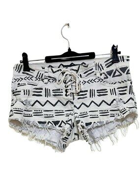 Tribal Print Lace-Up Low-Rise White & Navy Denim Cutoff Shorts – Billabong, Sz 5